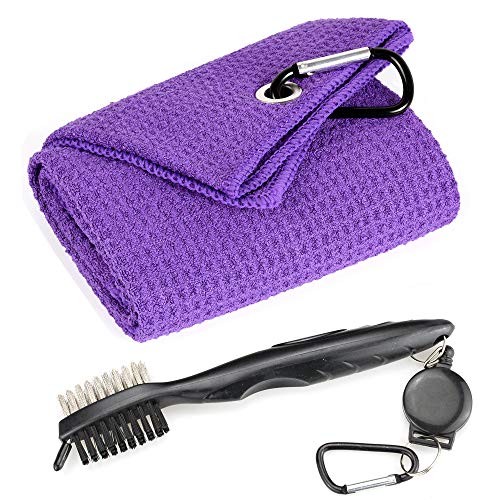 Mile High Life Microfiber Waffle Pattern Tri-fold Golf Towel | Brush Tool Kit with Club Groove Cleaner, Retractable Extension Cord and Clip (Purple Towel+Black Brush)