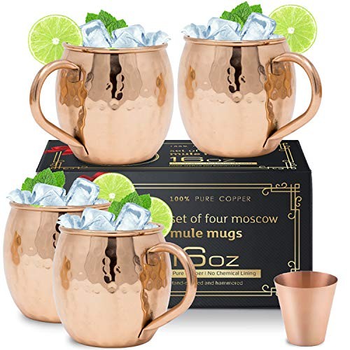 Moscow Mule Copper Mugs Set of 4 - Solid Copper Handcrafted Copper Mugs for Moscow Mule Cocktail - 16 Ounce - Shot Glass Included