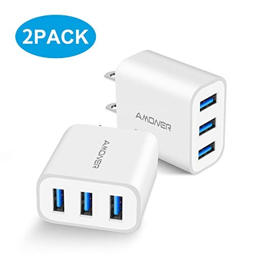 Wall Charger, Amoner Upgraded 2Pack 15W 3-Port USB Plug Cube Portable Wall Charger Plug for iPhone Xs/XS Max/XR/X/8/7/6/Plus, iPad Pro/Air 2/Mini 2, Galaxy9/8/7, Note9/8, LG, Nexus and More