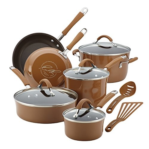 Rachael Ray Cucina Hard Porcelain Enamel Nonstick Cookware Set, 12-Piece, Mushroom Brown