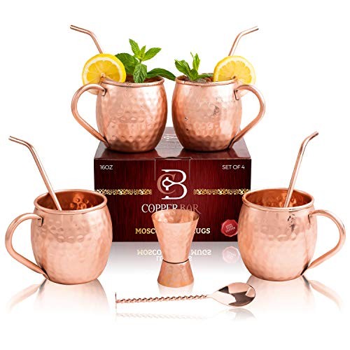 Moscow Mule Copper Mugs - Set of 4-100% HANDCRAFTED - Food Safe Pure Solid Copper Mugs - 16 Oz Gift Set with 4 Highest Quality Cocktail Copper Straws, 1 Jigger and 1 Stirrer