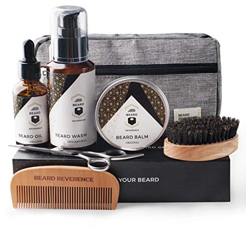 BEARD REVERENCE Premium Beard Grooming Kit for Men Care w/Upgraded Travel Bag - All-Natural Beard Oil, Beard Balm Butter Wax, Beard Wash, Scissors, Comb, Boar Bristle Brush with Gift Set Box