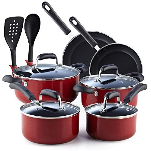 Cook N Home 02601 Stay Cool Handle Pattern 12-Piece Nonstick Cookware Set, Marble Red