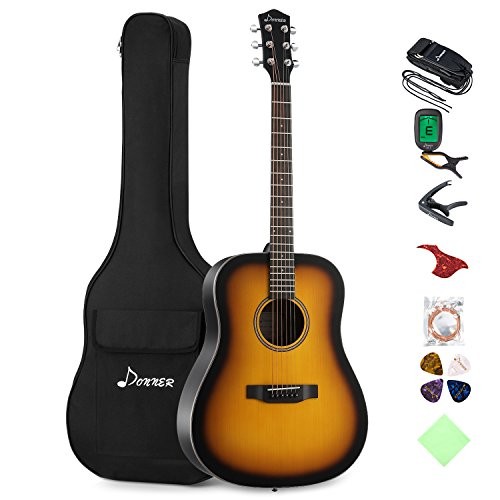 Donner Sunburst Acoustic Guitar Package DAG-1S Beginner Guitar Dreadnought With Bag Tuner Strap String Picks