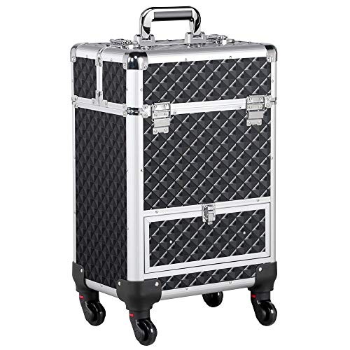 Yaheetech Rolling Makeup Train Case Aluminum Cosmetic Case 360-Degree Rolling Wheels Barber Salon Lockable Travel Case Trolley with Sliding Drawers Removable Divider Black