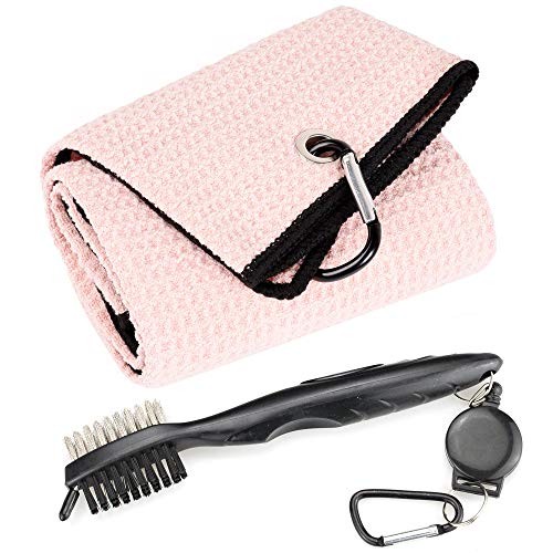 Mile High Life Microfiber Waffle Pattern Tri-fold Golf Towel | Brush Tool Kit with Club Groove Cleaner, Retractable Extension Cord and Clip (Pink Towel+Black Brush)