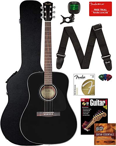 Fender CD-60 Dreadnought Acoustic Guitar - Black Bundle with Hard Case, Strap, Tuner, Strings, Picks, Instructional Book, and Austin Bazaar Instructional DVD