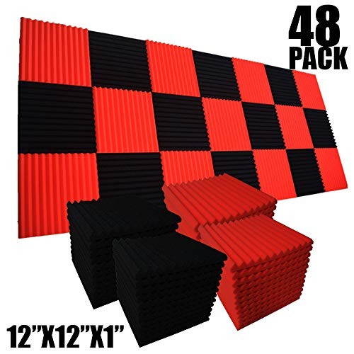 48 Pack Black/red 12"X 12"X1" Acoustic Panels Studio Soundproofing Foam Wedge Tiles,