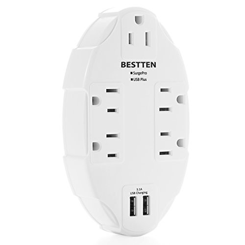 BESTTEN 5-Outlet Surge Protector with 2 USB Charging Ports, Wall Tap Adapter Splitter, Multi-Plug Extended Multipliers, ETL Certified, White