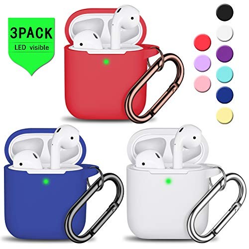 AirPods Case Cover with Keychain, R-fun Full Protective Silicone AirPods Accessories Skin Cover for Women Girl with Apple AirPods Wireless Charging Case [Front LED Visible]-Blue/White/Red