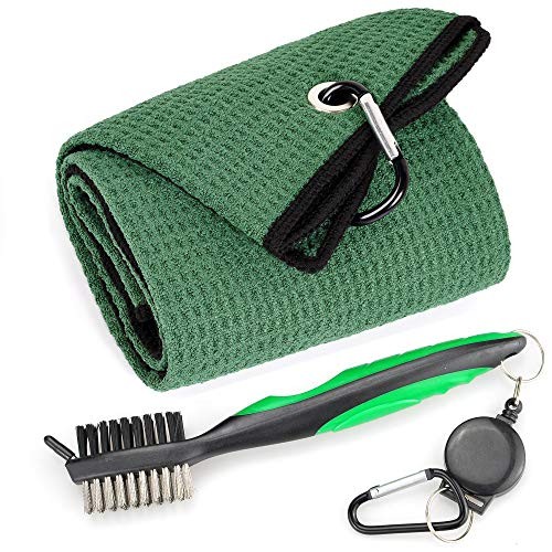 Mile High Life Microfiber Waffle Pattern Tri-fold Golf Towel | Brush Tool Kit with Club Groove Cleaner, Retractable Extension Cord and Clip (Green Towel+Green Brush)