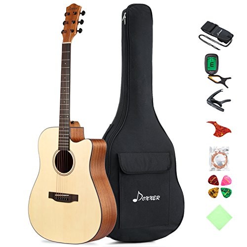 Donner DAG-1C Beginner Acoustic Guitar Full Size, 41" Cutaway Guitar Bundle with Gig Bag Tuner Capo Picks Strap String