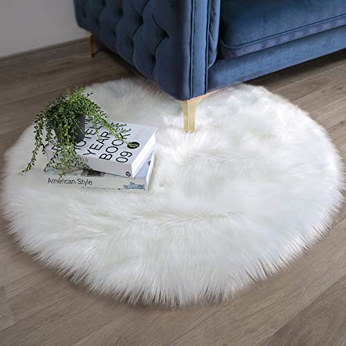 Ashler Faux Fur White Round Area Rug Indoor Ultra Soft Fluffy Bedroom Floor Sofa Living Room 3 x 3 Feet