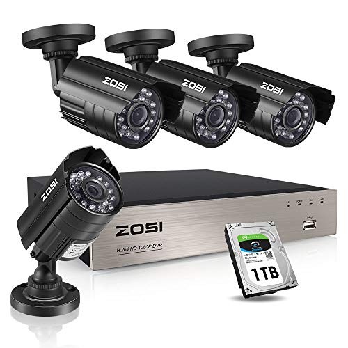 ZOSI 1080P Security Camera System with 1TB Hard Drive H.265+ 8CH Full 1080P HD Video DVR Recorder with 4X HD 1920TVL 1080P Indoor Outdoor Weatherproof CCTV Cameras ,Motion Alert,Remote Access