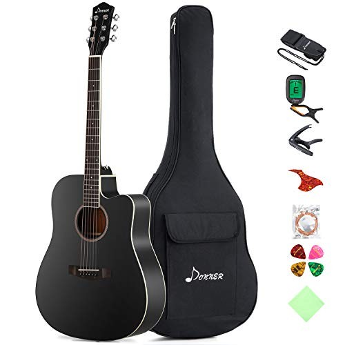 Donner DAG-1CB Black Beginner Acoustic Guitar Full Size, 41" Cutaway Guitar Bundle with Gig Bag Tuner Capo Picks Strap String