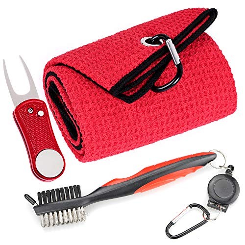 Mile High Life Microfiber Waffle Pattern Golf Towel | Club Groove Cleaner Brush | Foldable Divot Tool with Magnetic Ball Marker (Red Towel/Brush/Bone Divot)