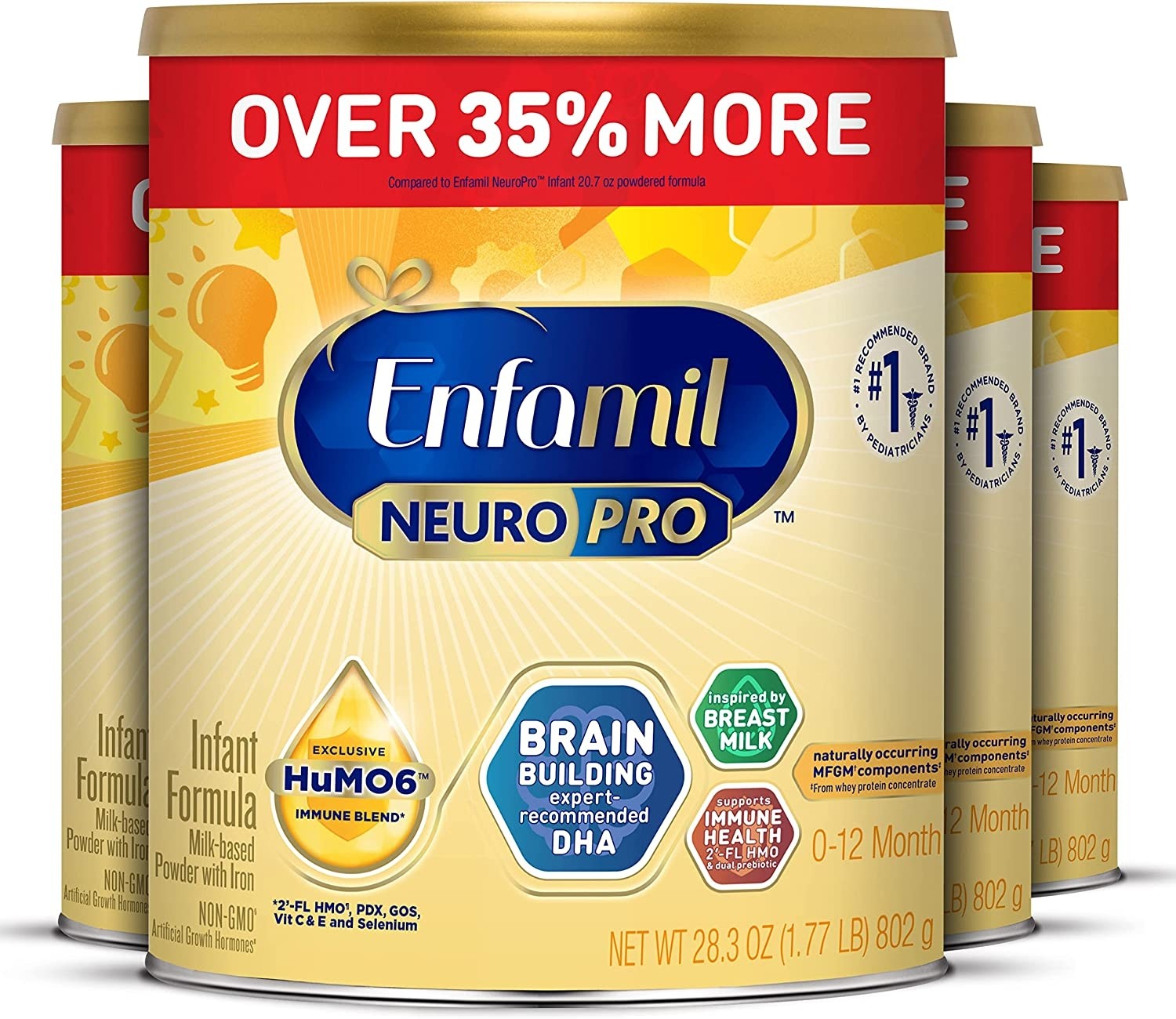 Enfamil NeuroPro Baby Formula, Brain and Immune Support with DHA, Iron and Prebiotics, Infant Formula Inspired by Breast Milk, Non-GMO, Powder Can, 28.3 Oz (Pack of 4) 