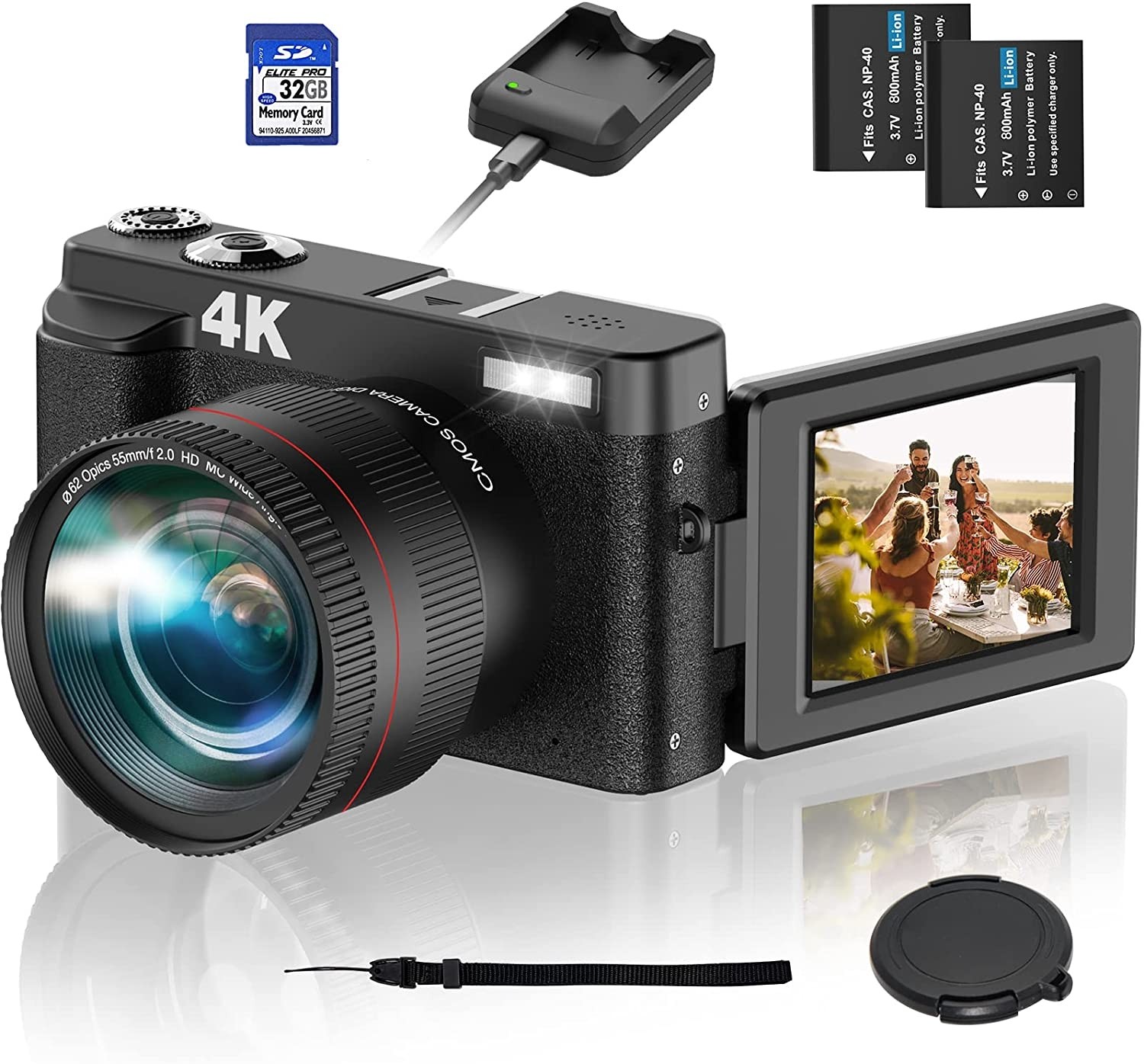 4K Digital Camera Camcorder, WiFi 48MP 60FPS Video Camera with 180° Flip Screen, 2 Charging Mode 16X Digital Zoom Vlogging Camera for YouTube with 32GB SD Card and Wide Angle Lens Macro Lens 