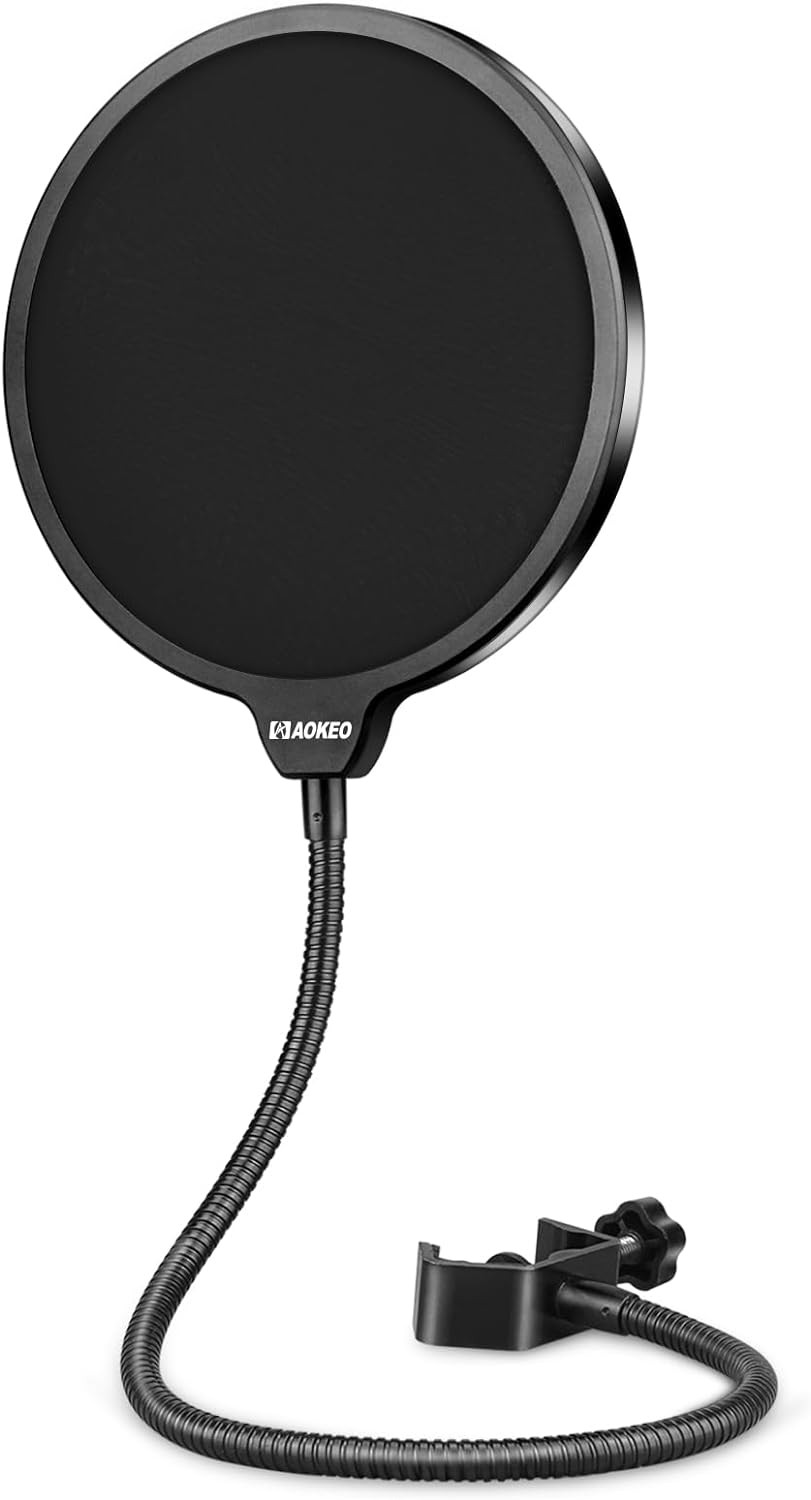 Aokeo Professional Microphone Pop Filter Mask Shield For Blue Yeti and Any Other Microphone, Mic Dual Layered Wind Pop Screen With A Flexible 360° Gooseneck Clip Stabilizing Arm