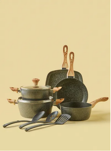 10-Piece Granite/Marble-Coated Aluminum Pots and Pans Cookware Set with Non-Stick Surface and Wood Finish Handles - PFOA-Free Black