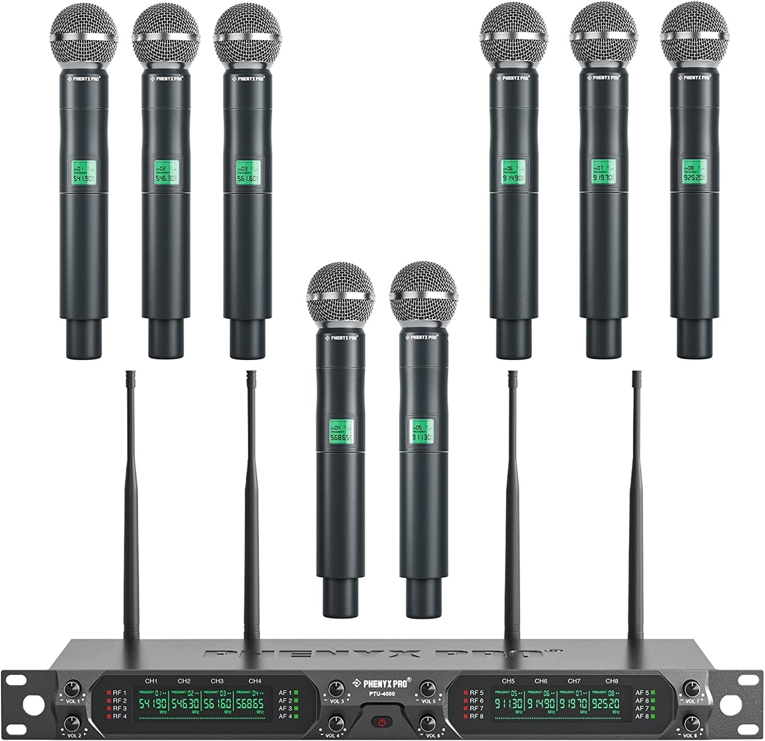 Phenyx Pro Wireless Microphone System, 8-Channel UHF Cordless Mic with Metal Handheld Wireless Mics, Fixed Frequency Dynamic Microphone for Karaoke,Church,Singing,DJ,260ft Operation (PTU-4000A) 