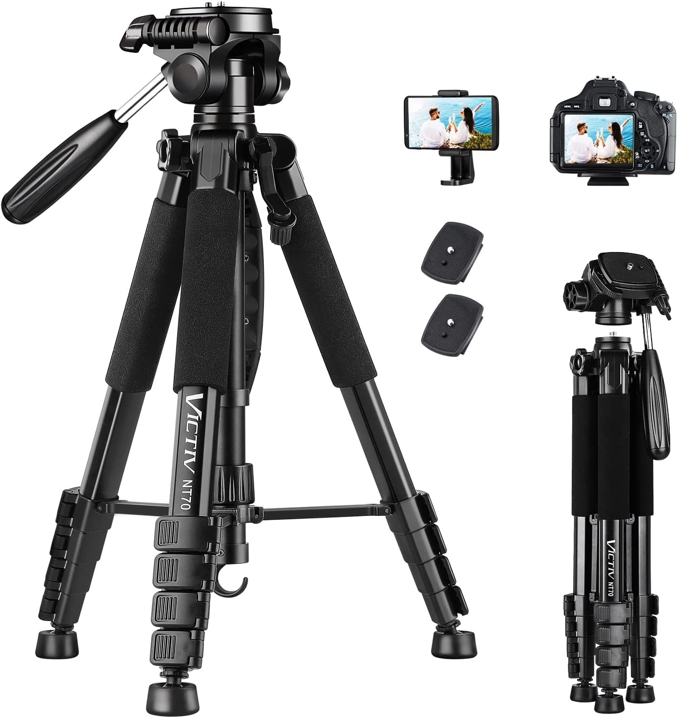 VICTIV Tripod, 74” Camera Tripod, Tripod for Camera and Phone, Aluminum Tripod for Canon Nikon with Carry Bag and Phone Holder, Compatible with DSLR，iPhone, Projector, Webcam, Spotting Scopes 