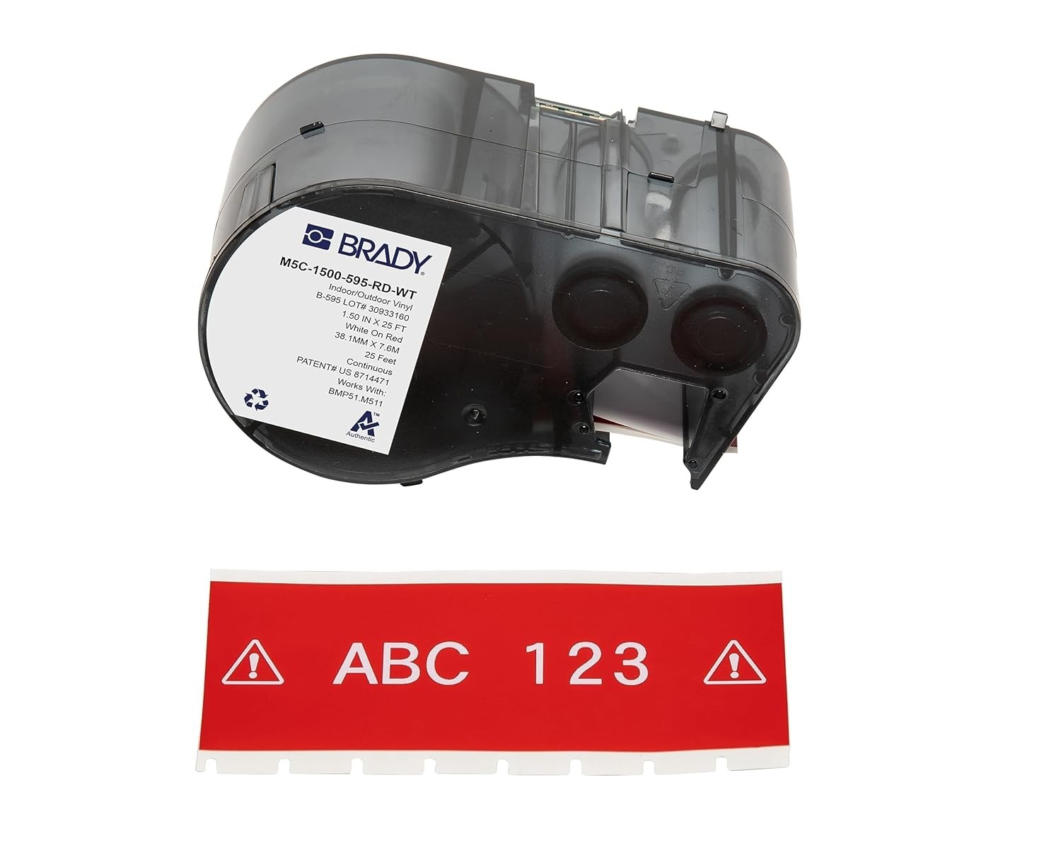 Brady Authentic (M5C-1500-595-RD-WT) All-Weather Vinyl Labels 1.5 in W x 25ft White on Red. for use with The BMP51 and M511 Label Printers