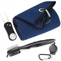 Mile High Life Microfiber Waffle Pattern Golf Towel | Club Groove Cleaner Brush | Foldable Divot Tool with Magnetic Ball Marker (Navy Towel/Brush/Bone Divot)