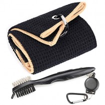 Mile High Life Microfiber Waffle Pattern Tri-fold Golf Towel | Brush Tool Kit with Club Groove Cleaner, Retractable Extension Cord and Clip (Black w/Yellow Towel+Black Brush)
