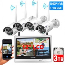 [8CH Expandable] All in one with 12" LCD Monitor Wireless Security Camera System, Home Business 8CH 1080P NVR Kit 4pcs 2MP Outdoor Bullet IP Cameras 65ft Night Vision Waterproof,3TB Hard Drive