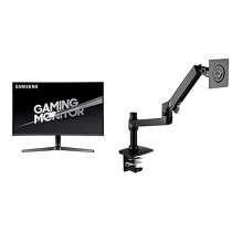 Samsung C32JG56 32-Inch QHD 144hz Monitor (LC32JG56QQNXZA) with AmazonBasics Premium Single Monitor Stand - Lift Engine Arm Mount, Aluminum - Black Bundle
