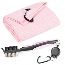 Mile High Life Microfiber Waffle Pattern Tri-fold Golf Towel | Brush Tool Kit with Club Groove Cleaner, Retractable Extension Cord and Clip (Pink Towel+Pink Brush)