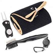 Mile High Life Microfiber Waffle Pattern Golf Towel | Club Groove Cleaner Brush | Foldable Divot Tool with Magnetic Ball Marker (Black w/Yellow Towel/Brush/Fish Divot)