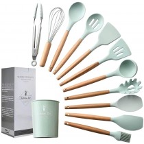 Silicone Cooking Utensil Set,esonmus 11pcs Kitchen Utensil Set with Holder and Wooden Handle,BPA Free,Non-stick,Heat Resistant Cookware Set,Mint Green