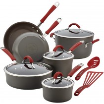 Rachael Ray 87630 Cucina Hard Anodized Nonstick Cookware Pots and Pans Set, 12 Piece, Gray with Red Handles