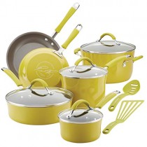 Rachael Ray Cucina Hard Porcelain Enamel Nonstick Cookware Set, 12-Piece, Lemongrass Green