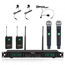 Wireless Microphone System, Phenyx Pro 4-Channel UHF Cordless Mic Set with Handheld/Lapel/Headset/Bodypack, Rugged Metal Build, Fixed Frequency, Long Range, Ideal for Church,Karaoke,Events(PTU-5000B)