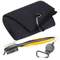 Mile High Life Microfiber Waffle Pattern Tri-fold Golf Towel | Brush Tool Kit with Club Groove Cleaner, Retractable Extension Cord and Clip (Black Towel+Orange Brush)