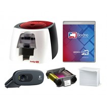 Badgy100 Color Plastic ID Card Printer with Complete Supplies Package with Bodno ID Software & Photo ID Camera
