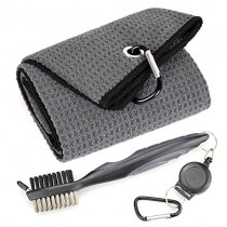 Mile High Life Microfiber Waffle Pattern Tri-fold Golf Towel | Brush Tool Kit with Club Groove Cleaner, Retractable Extension Cord and Clip (Dark Gray Towel+Gray Brush)