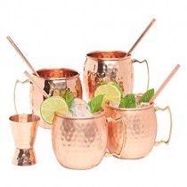 Kitchen Science Moscow Mule Hammered Copper 16 Ounce Drinking Mug, Set of 4 (4) (4)
