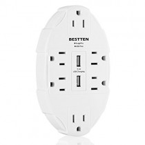 BESTTEN 6 Outlet Wall Tap Adapter with Dual USB Charging Ports (3.1 Amp in Total), Surge Protector Electrical Socket Splitter, ETL Listed, White