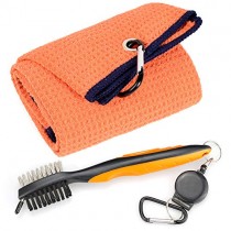Mile High Life Microfiber Waffle Pattern Tri-fold Golf Towel | Brush Tool Kit with Club Groove Cleaner, Retractable Extension Cord and Clip (Orange Towel+Orange Brush)