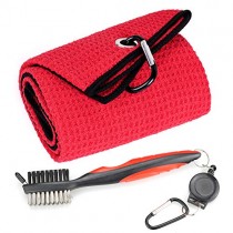 Mile High Life Microfiber Waffle Pattern Tri-fold Golf Towel | Brush Tool Kit with Club Groove Cleaner, Retractable Extension Cord and Clip (Red Towel+Red Brush)