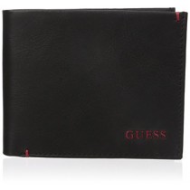 Guess Men's Leather Slim Bifold Wallet, Julian Black/Red, One Size
