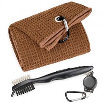 Mile High Life Microfiber Waffle Pattern Tri-fold Golf Towel | Brush Tool Kit with Club Groove Cleaner, Retractable Extension Cord and Clip (Brown Towel+Black Brush)