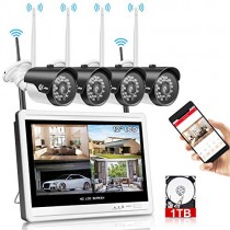 XVIM 12" Monitor Wireless Security Camera System with 1TB Hard Drive for Home, 4pcs 2.0MP Outdoor Waterproof IP Cameras, 4 Channel HD 1080P WiFi Video Surveillance Cameras DVR Kits,Easy Remote View