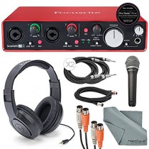 Focusrite Scarlett 2i4 USB Audio Interface and Deluxe Accessory Bundle with MIDI Cable + XLR Cable + 2 ¼” Cables + Samson Headphone + Samson Microphone + FiberTique Cleaning Cloth