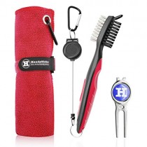 Handy Picks Microfiber Golf Towel (16" X 16") with Carabiner, Club Brush, Golf Divot Repair Tool with Ball Marker - Golf Accessories, Ideal for Golfers - 3 in 1 Golf Cleaning Kit (Pack of 3, Red)