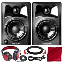 M-Audio AV32 10-Watt Compact Studio Monitor Speakers with 3" Woofer (Pair) with Headphones and Bundle